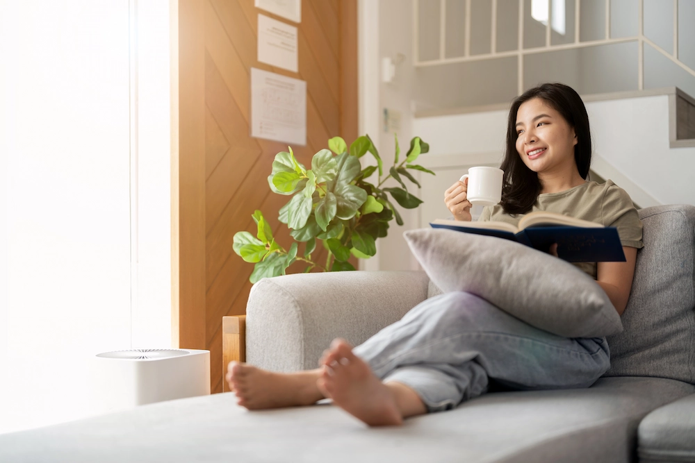 Homeowner relaxing in a leak-free living room after waterproofing works